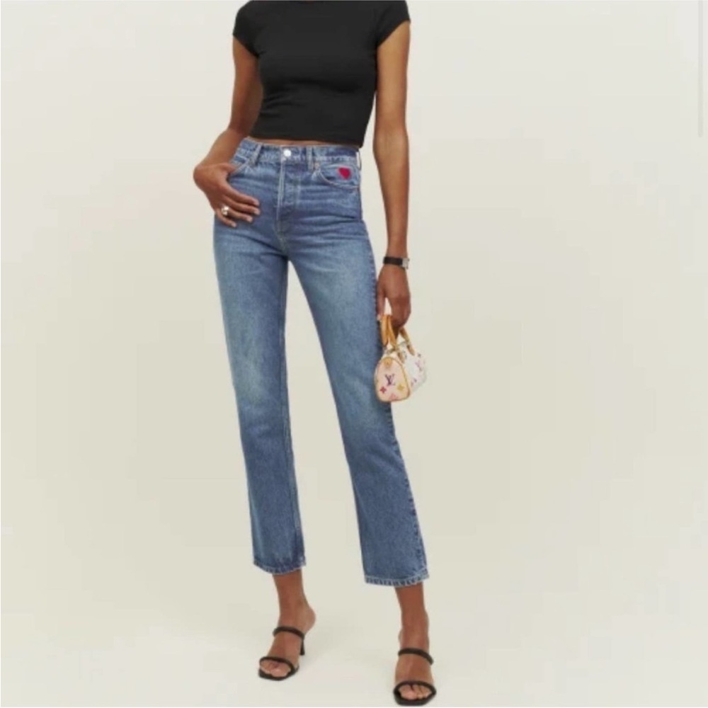 NWT Reformation Jeans Cynthia High Rise Straight Lady Heart Embroidery 26